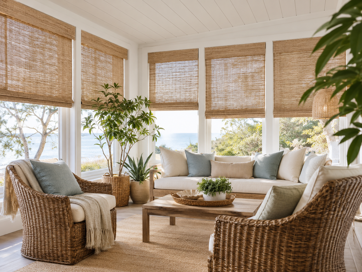 Woven wood shades in a sunroom